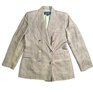 Vintage Linda Allard Ellen Tracy 100% Linen Blazer Tan Plaid Double Breasted 10